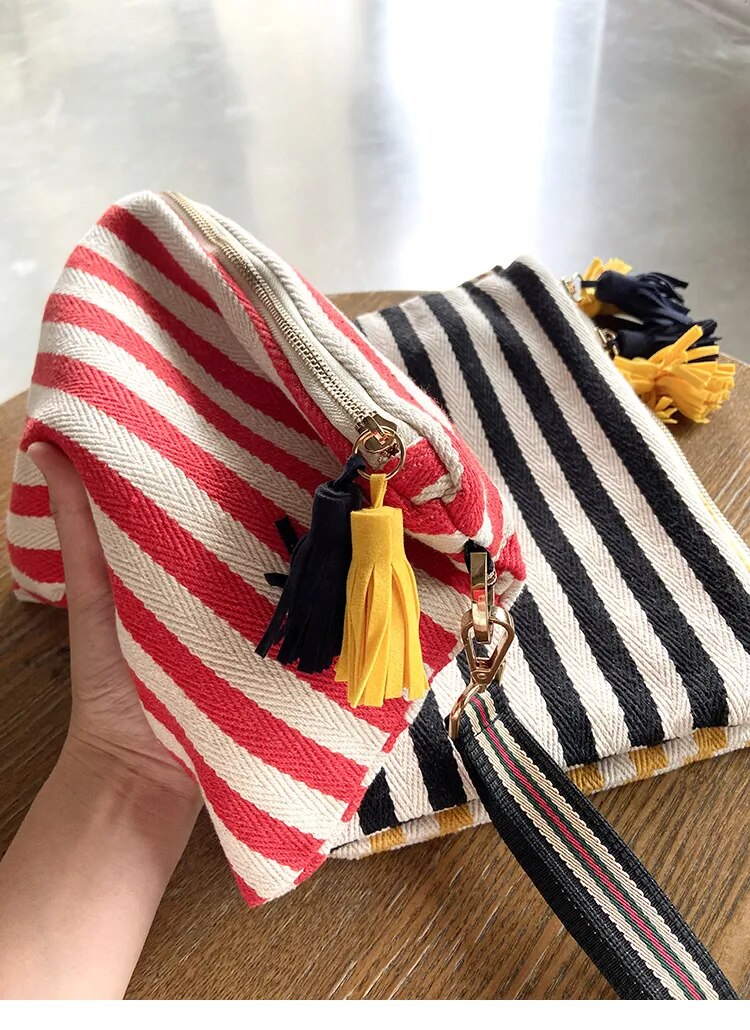 Striped Tassel Canvas Pouch