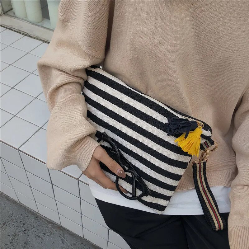 Striped Tassel Canvas Pouch